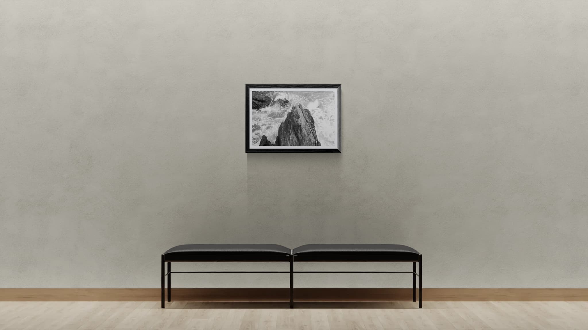 Pinnacle shown in a black frame above a gallery bench
